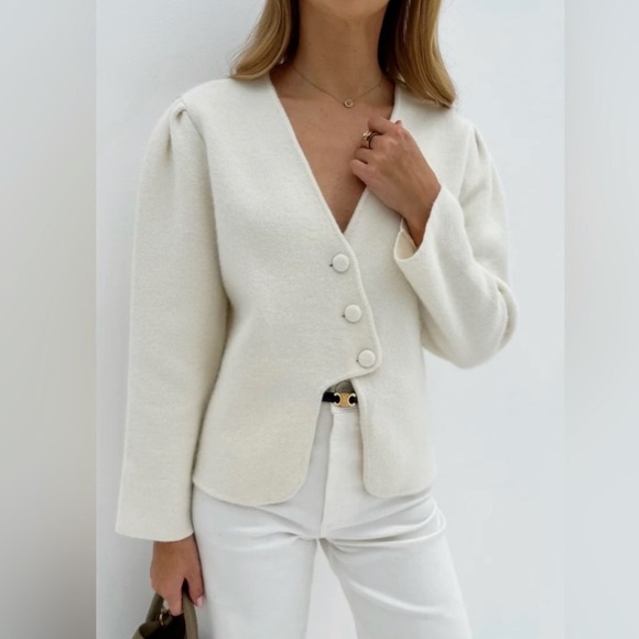 Vita Grace Sweaters - Vita Grace Wool Blend Asymmetric Button Cardigan Cream Puff Shoulder V-Neck